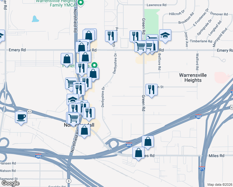 map of restaurants, bars, coffee shops, grocery stores, and more near 22510 Felch Street in Warrensville Heights