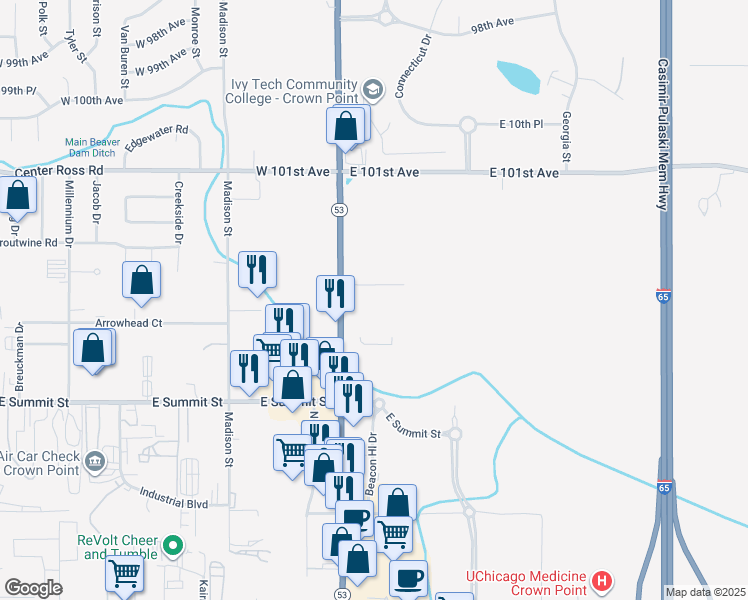 map of restaurants, bars, coffee shops, grocery stores, and more near 10201 Broadway in Crown Point