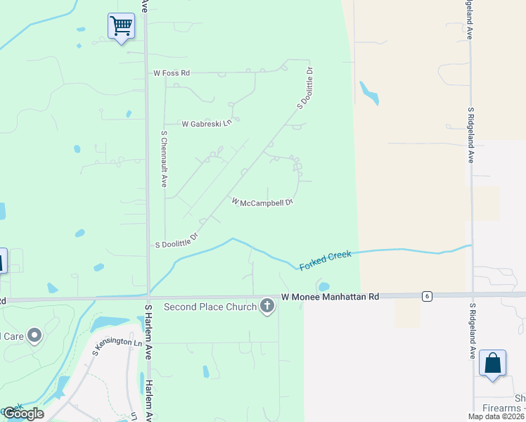 map of restaurants, bars, coffee shops, grocery stores, and more near 6921 West McCampbell Drive in Monee