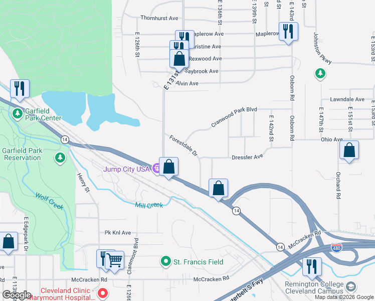 map of restaurants, bars, coffee shops, grocery stores, and more near 13135 Broadway Avenue in Garfield Heights