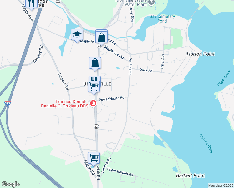 map of restaurants, bars, coffee shops, grocery stores, and more near 23 Power House Road in Montville