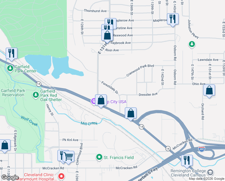 map of restaurants, bars, coffee shops, grocery stores, and more near 13135 Broadway Avenue in Garfield Heights