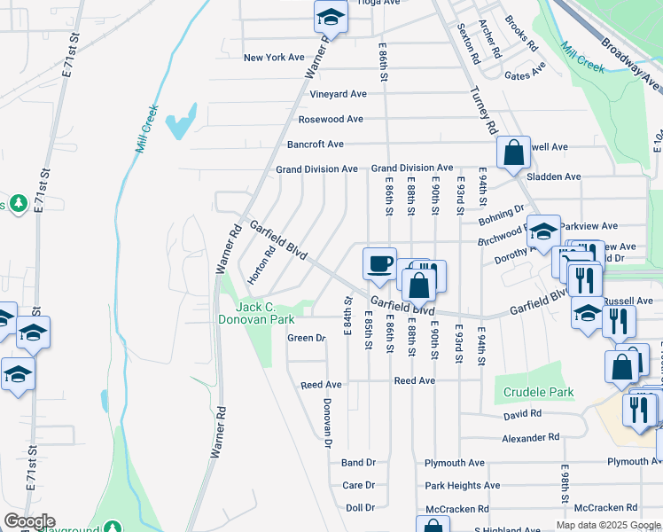 map of restaurants, bars, coffee shops, grocery stores, and more near 8320 Garfield Boulevard in Garfield Heights