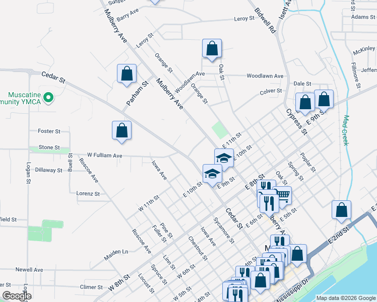 map of restaurants, bars, coffee shops, grocery stores, and more near 1118 Cedar Street in Muscatine