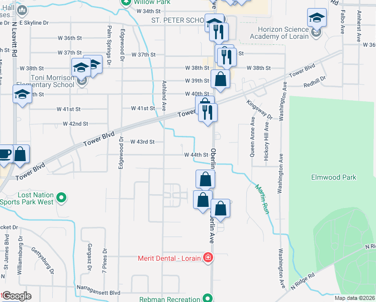 map of restaurants, bars, coffee shops, grocery stores, and more near 1308 Redbud Place in Lorain