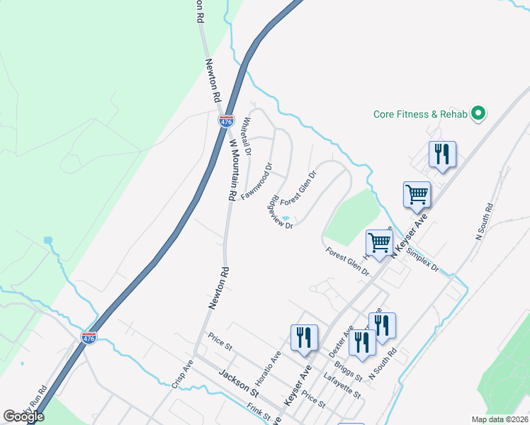 map of restaurants, bars, coffee shops, grocery stores, and more near 105 Ridgeview Drive in Scranton