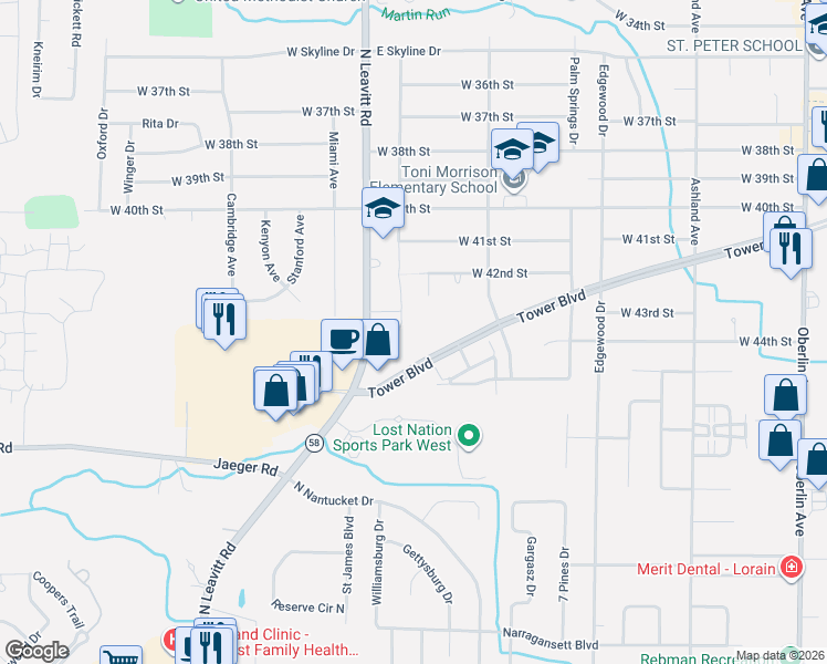 map of restaurants, bars, coffee shops, grocery stores, and more near 2104 Tower Boulevard in Lorain