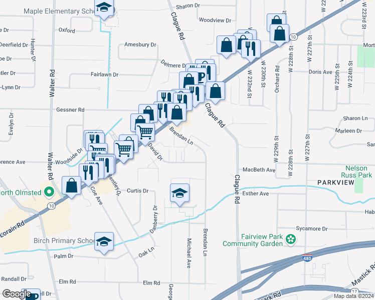 map of restaurants, bars, coffee shops, grocery stores, and more near 23500 David Drive in North Olmsted