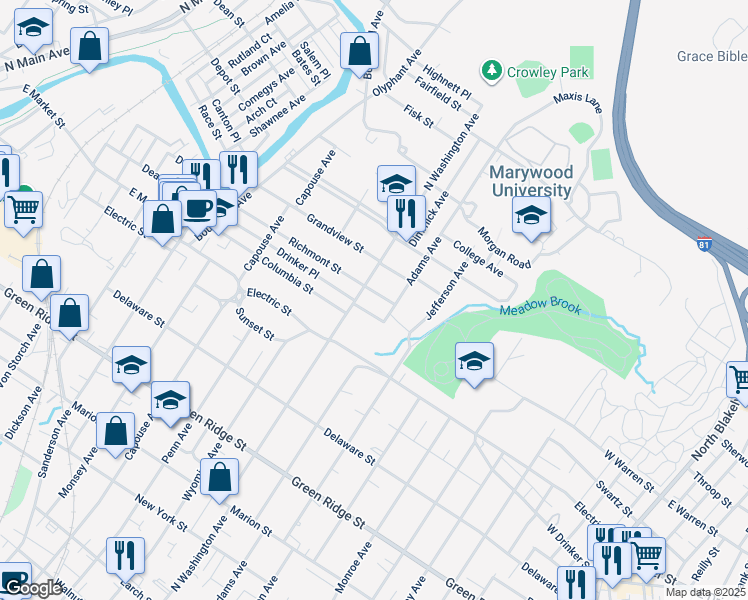 map of restaurants, bars, coffee shops, grocery stores, and more near 2001 North Washington Avenue in Scranton