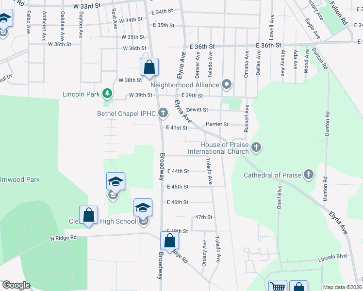 map of restaurants, bars, coffee shops, grocery stores, and more near 260 East 42nd Street in Lorain