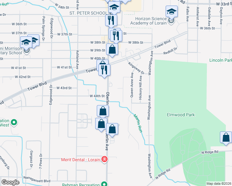 map of restaurants, bars, coffee shops, grocery stores, and more near 4463 Oberlin Avenue in Lorain
