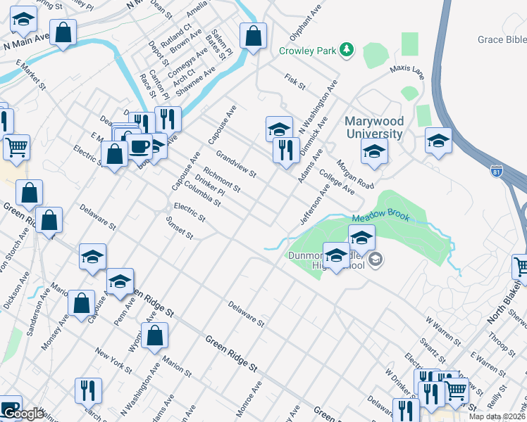 map of restaurants, bars, coffee shops, grocery stores, and more near 2001 North Washington Avenue in Scranton