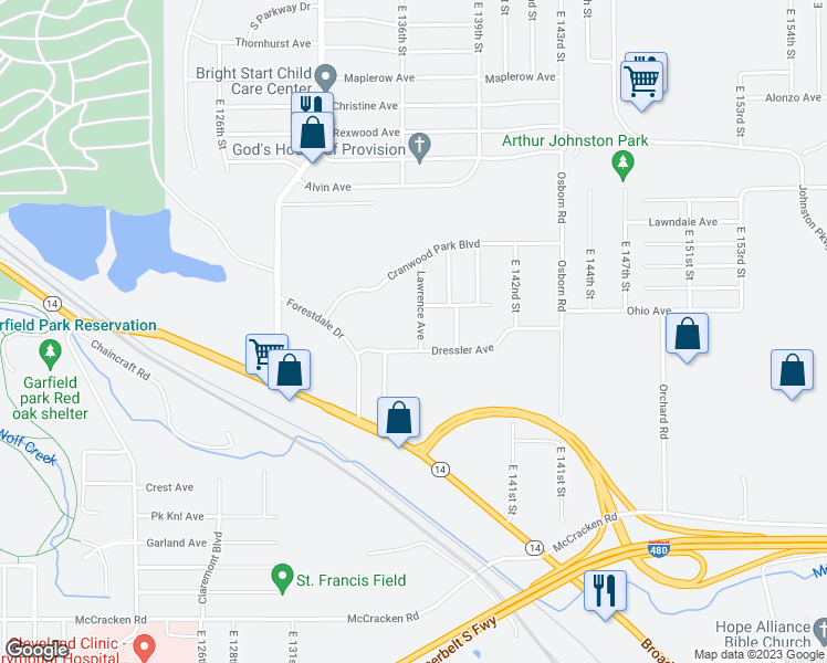 map of restaurants, bars, coffee shops, grocery stores, and more near 4754 Lawrence Avenue in Garfield Heights