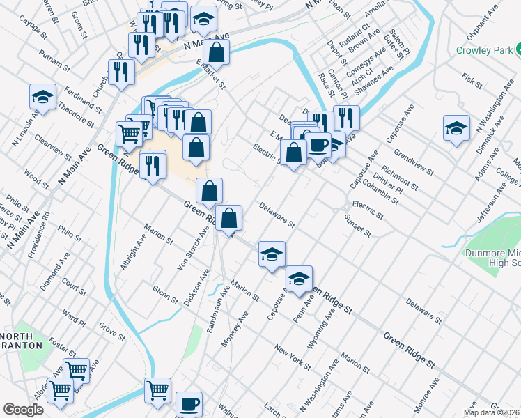 map of restaurants, bars, coffee shops, grocery stores, and more near 1712 Dickson Avenue in Scranton