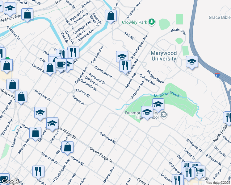 map of restaurants, bars, coffee shops, grocery stores, and more near 2001 North Washington Avenue in Scranton