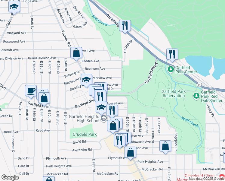 map of restaurants, bars, coffee shops, grocery stores, and more near 10203 Greenview Avenue in Garfield Heights