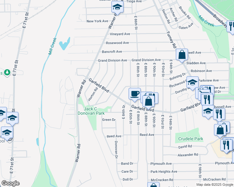 map of restaurants, bars, coffee shops, grocery stores, and more near 4690 Birchwood Road in Garfield Heights