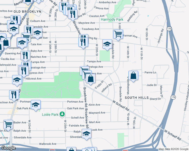 map of restaurants, bars, coffee shops, grocery stores, and more near 1797 Saratoga Avenue in Cleveland