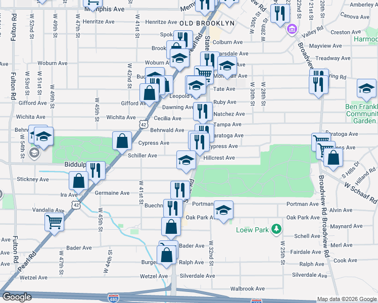 map of restaurants, bars, coffee shops, grocery stores, and more near 3520 Cypress Avenue in Cleveland