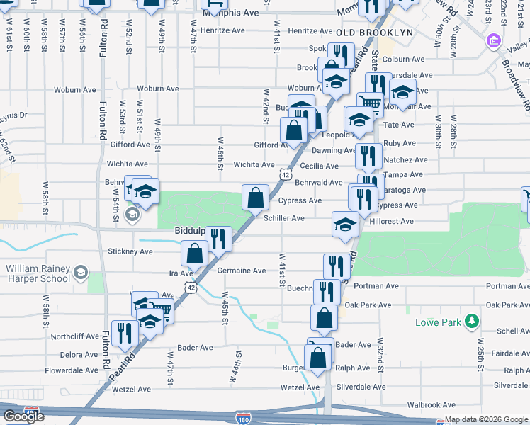 map of restaurants, bars, coffee shops, grocery stores, and more near 4554 Pearl Road in Cleveland