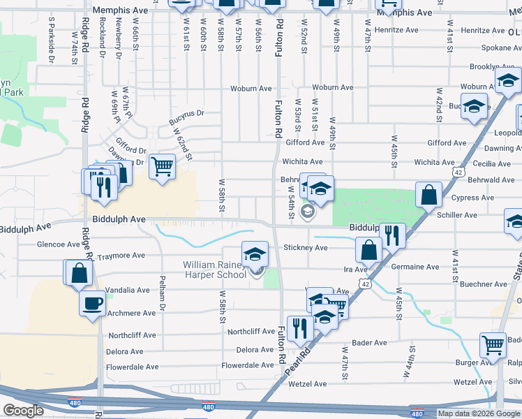 map of restaurants, bars, coffee shops, grocery stores, and more near 5520 Bangor Avenue in Cleveland