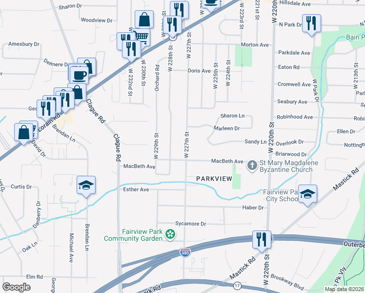 map of restaurants, bars, coffee shops, grocery stores, and more near 5045 West 227th Street in Fairview Park