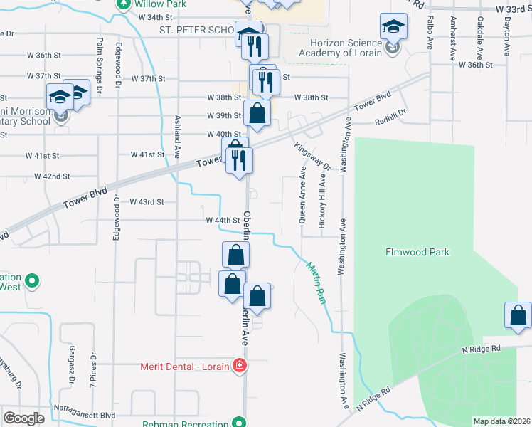 map of restaurants, bars, coffee shops, grocery stores, and more near 4375 Oberlin Avenue in Lorain