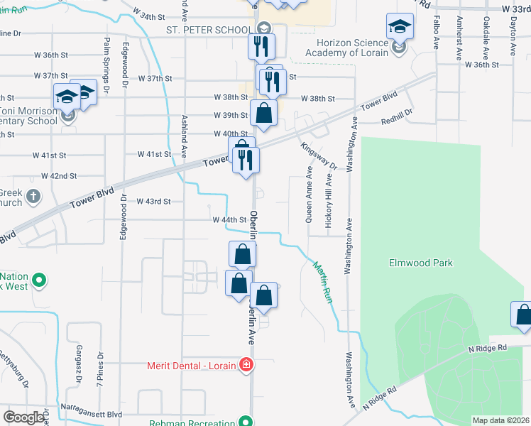 map of restaurants, bars, coffee shops, grocery stores, and more near 4375 Oberlin Avenue in Lorain