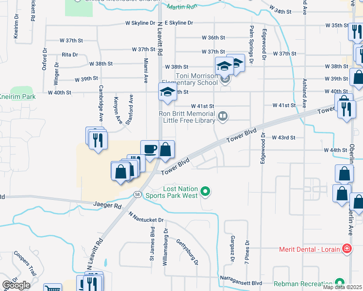 map of restaurants, bars, coffee shops, grocery stores, and more near 4229 Westminster Drive in Lorain