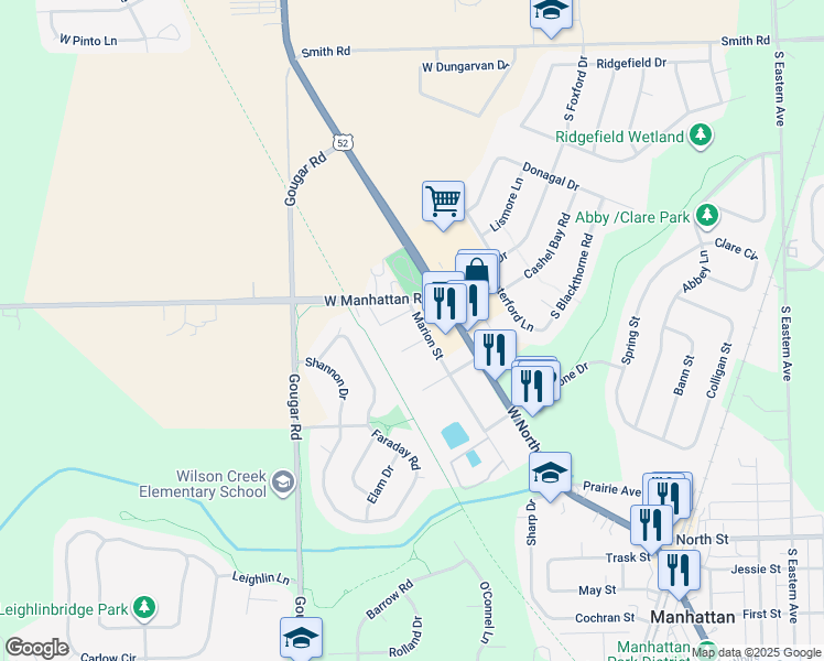 map of restaurants, bars, coffee shops, grocery stores, and more near 205 Fairview Drive in Manhattan