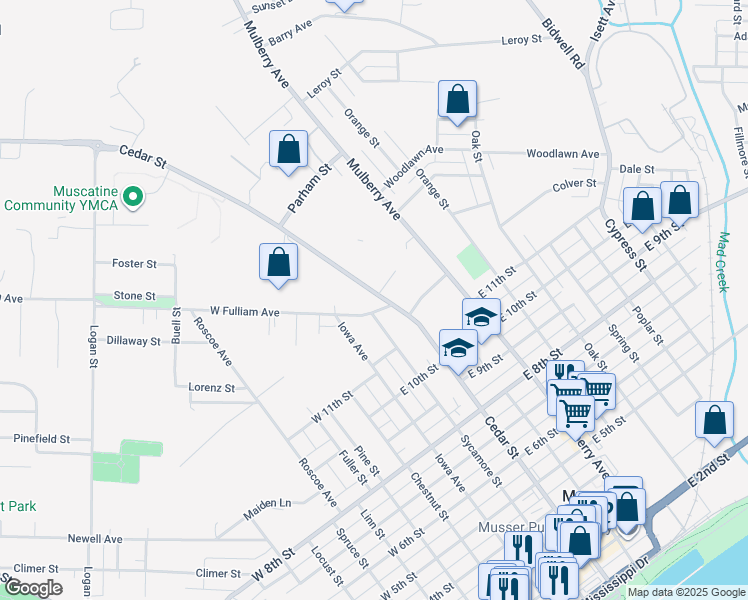 map of restaurants, bars, coffee shops, grocery stores, and more near 1313 Cedar Street in Muscatine