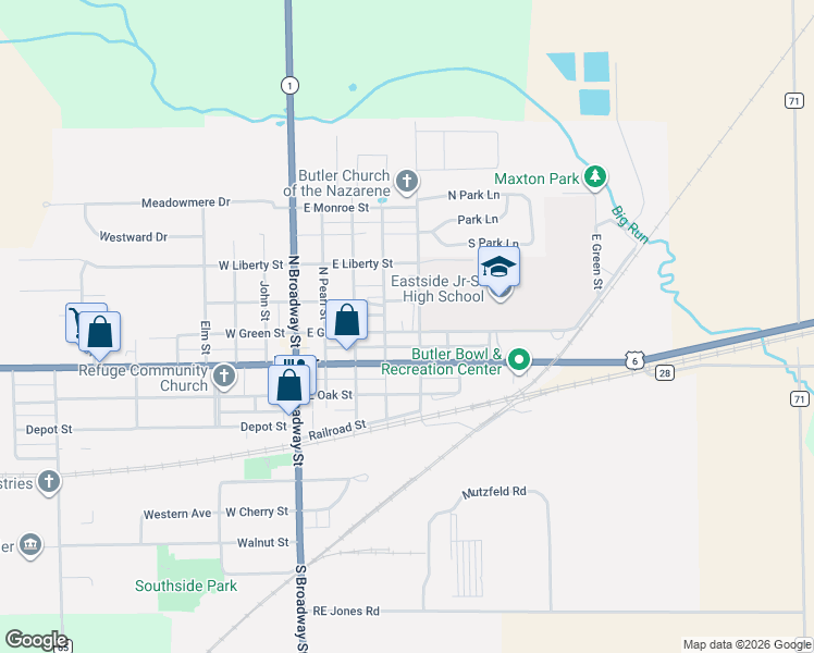 map of restaurants, bars, coffee shops, grocery stores, and more near 408 East Washington Street in Butler
