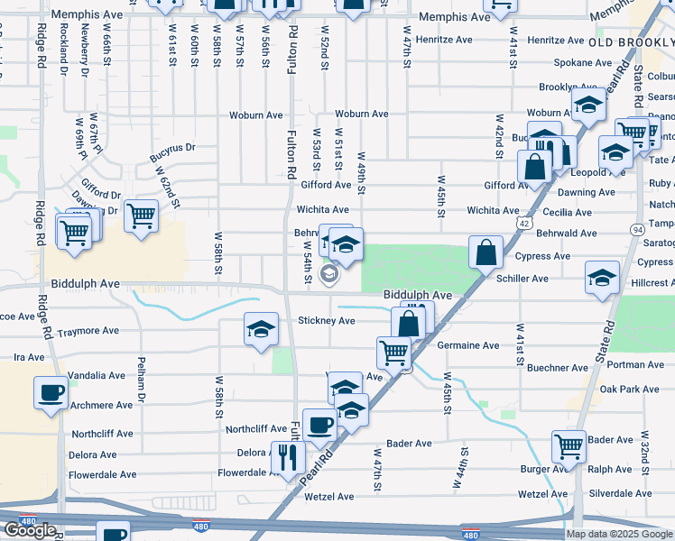 map of restaurants, bars, coffee shops, grocery stores, and more near 5100 Biddulph Avenue in Cleveland