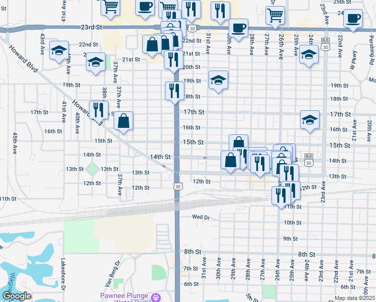 map of restaurants, bars, coffee shops, grocery stores, and more near 3100-3198 15th Street in Columbus