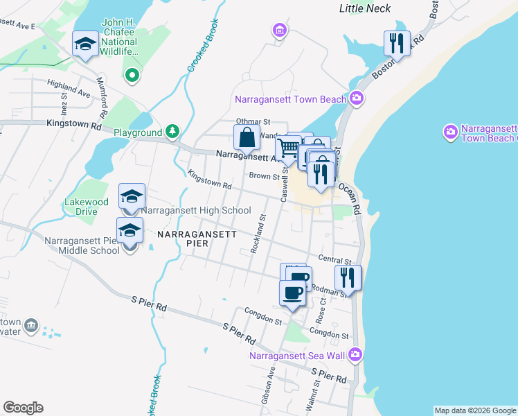 map of restaurants, bars, coffee shops, grocery stores, and more near 57 Kingstown Road in Narragansett