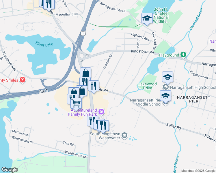 map of restaurants, bars, coffee shops, grocery stores, and more near 27 Avice Street in Narragansett