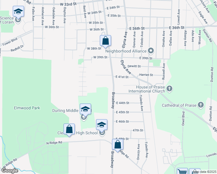 map of restaurants, bars, coffee shops, grocery stores, and more near Broadway Avenue in Cuyahoga Heights