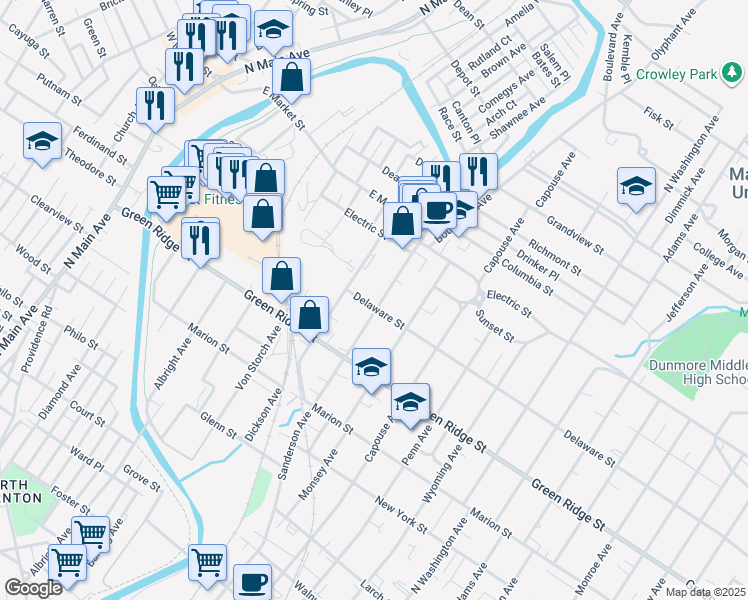 map of restaurants, bars, coffee shops, grocery stores, and more near 1712 Dickson Avenue in Scranton