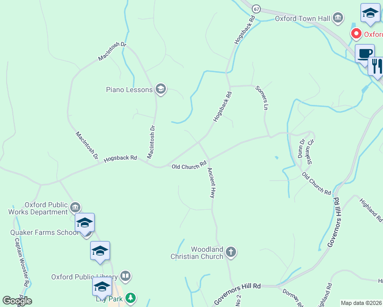 map of restaurants, bars, coffee shops, grocery stores, and more near 92 Hogs Back Road in Oxford