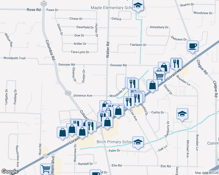 map of restaurants, bars, coffee shops, grocery stores, and more near 3936 Walter Road in North Olmsted