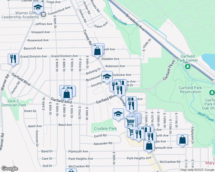 map of restaurants, bars, coffee shops, grocery stores, and more near 4750 Turney Road in Garfield Heights