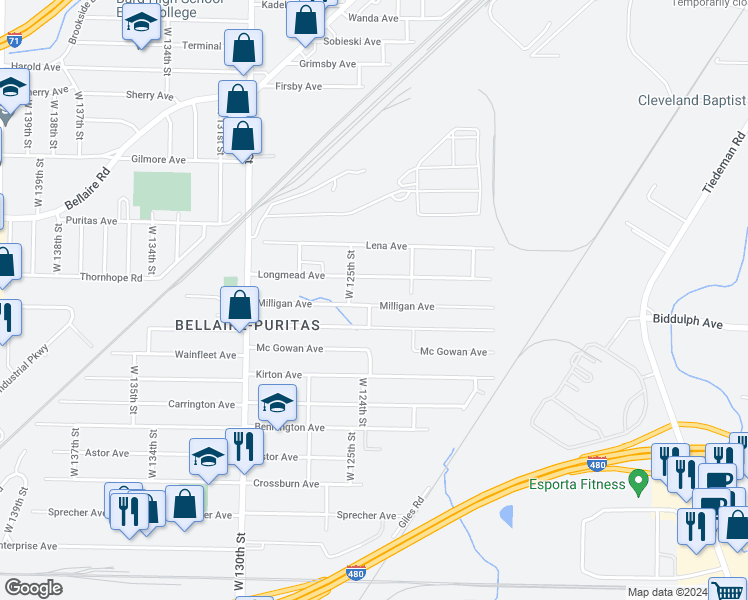 map of restaurants, bars, coffee shops, grocery stores, and more near 12306 Milligan Avenue in Cleveland