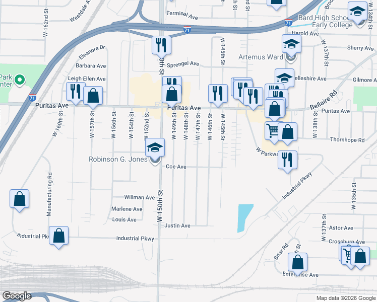 map of restaurants, bars, coffee shops, grocery stores, and more near 4545 West 148th Street in Cleveland