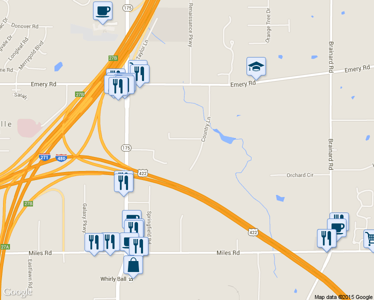map of restaurants, bars, coffee shops, grocery stores, and more near 26361 Cambridge Lane in Warrensville Heights
