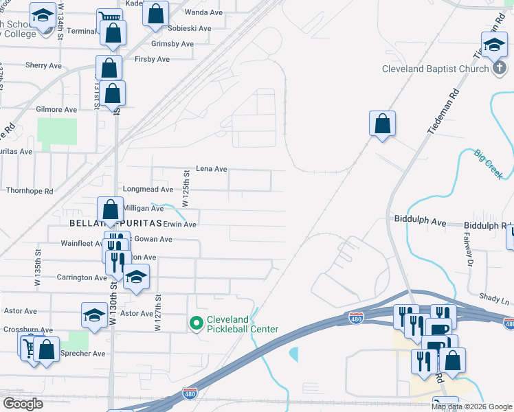 map of restaurants, bars, coffee shops, grocery stores, and more near 11825 Longmead Avenue in Cleveland