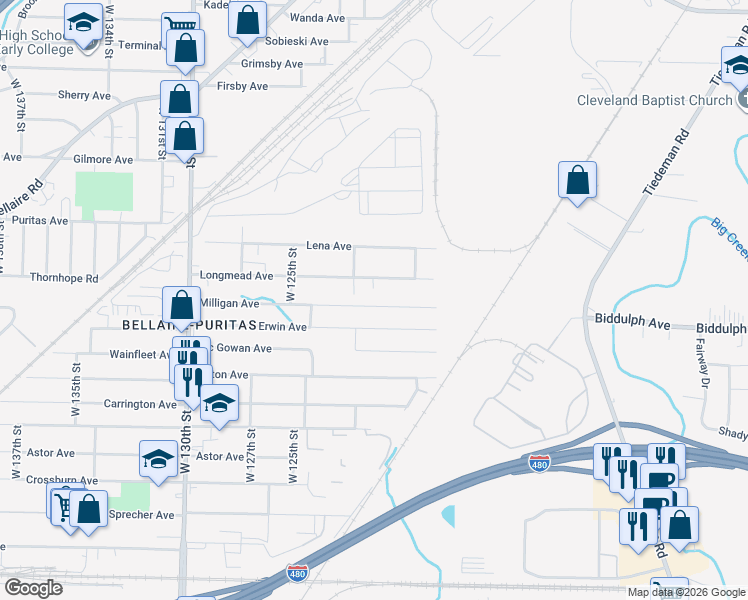 map of restaurants, bars, coffee shops, grocery stores, and more near 12011 Longmead Avenue in Cleveland