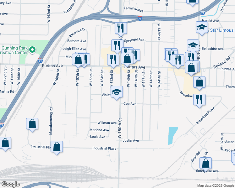 map of restaurants, bars, coffee shops, grocery stores, and more near 4521 West 150th Street in Cleveland