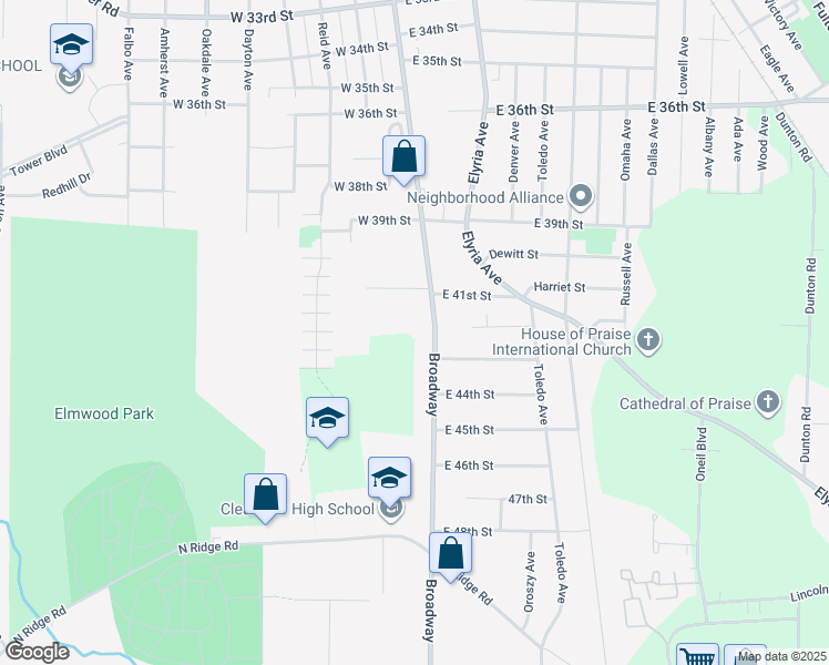map of restaurants, bars, coffee shops, grocery stores, and more near 185 Jefferson Street in Lorain