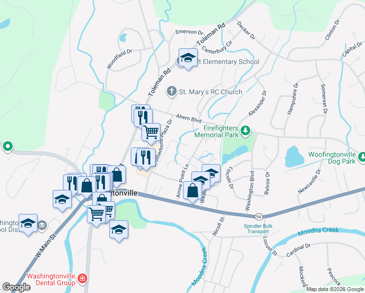 map of restaurants, bars, coffee shops, grocery stores, and more near 45 Yorkshire Terrace in Washingtonville