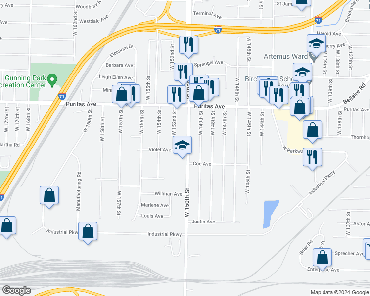 map of restaurants, bars, coffee shops, grocery stores, and more near 4536 West 150th Street in Cleveland
